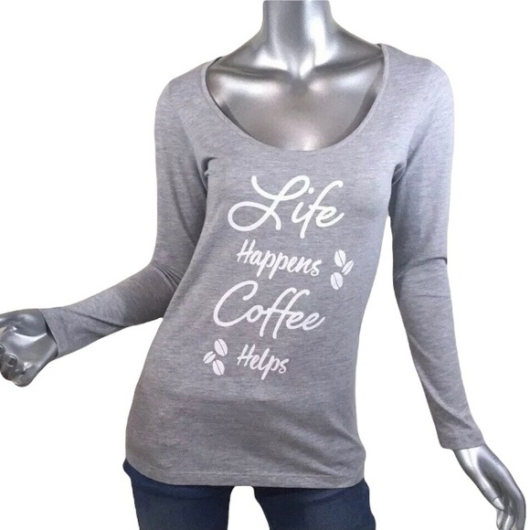 “Life Happens Coffee Helps” Long Sleeve Top New - Picture 1 of 9